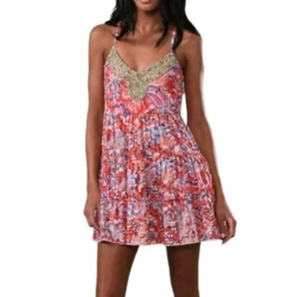 Free People Floral Beaded Tiered Babydoll mini dress - size XS